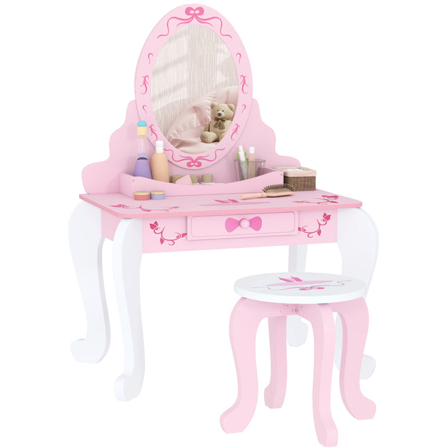 Kids Dressing Table Set with Stool and Mirror Pink Ballet Theme - Pink
