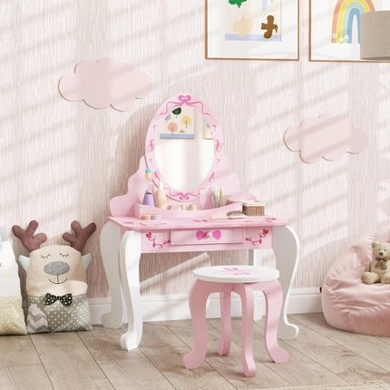 Kids Dressing Table Set with Stool and Mirror Pink Ballet Theme - Pink