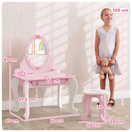 Kids Dressing Table Set with Stool and Mirror Pink Ballet Theme - Pink
