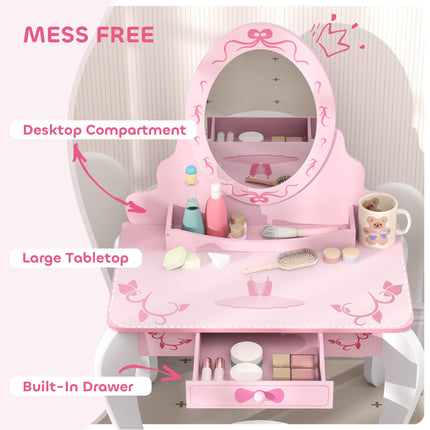 Kids Dressing Table Set with Stool and Mirror Pink Ballet Theme - Pink