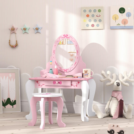 Kids Dressing Table Set with Stool and Mirror Pink Ballet Theme - Pink