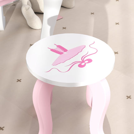 Kids Dressing Table Set with Stool and Mirror Pink Ballet Theme - Pink