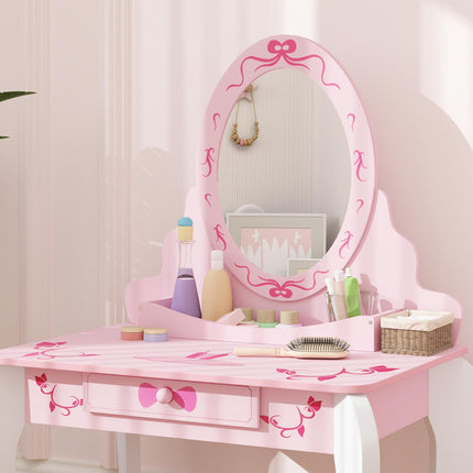 Kids Dressing Table Set with Stool and Mirror Pink Ballet Theme - Pink