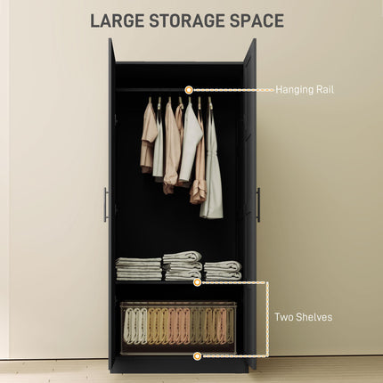 Double Paneled Wardrobe with Shelves 80W x 53.5D x 180H cm - Black