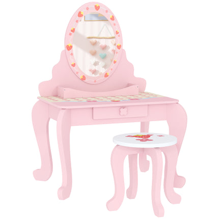 3 Piece Kids Dressing Table Set with Stool and Mirror - Pink Strawberry Theme