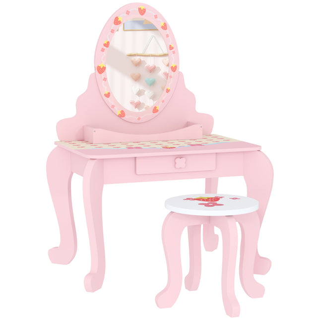 3 Piece Kids Dressing Table Set with Stool and Mirror - Pink Strawberry Theme
