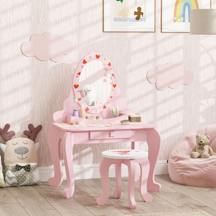 3 Piece Kids Dressing Table Set with Stool and Mirror - Pink Strawberry Theme