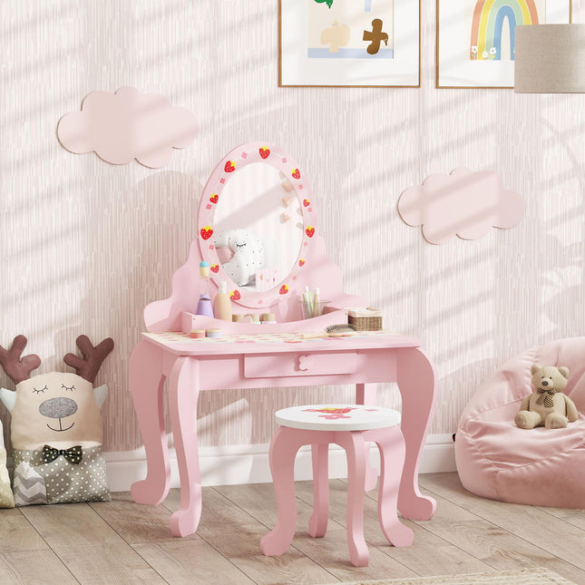 3 Piece Kids Dressing Table Set with Stool and Mirror - Pink Strawberry Theme