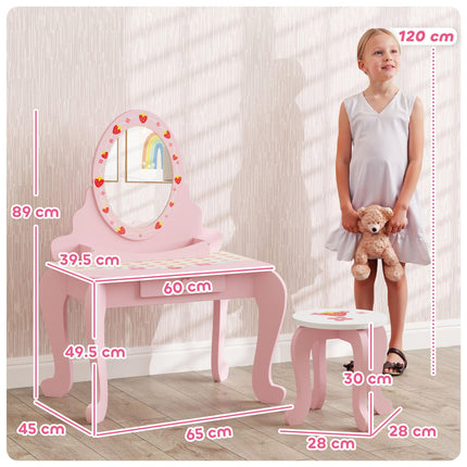 3 Piece Kids Dressing Table Set with Stool and Mirror - Pink Strawberry Theme