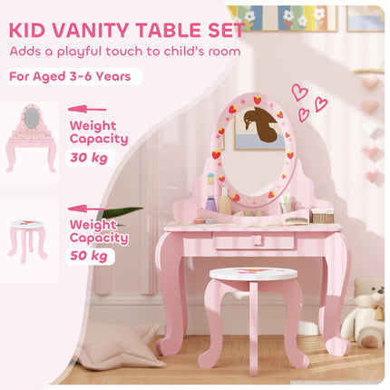 3 Piece Kids Dressing Table Set with Stool and Mirror - Pink Strawberry Theme