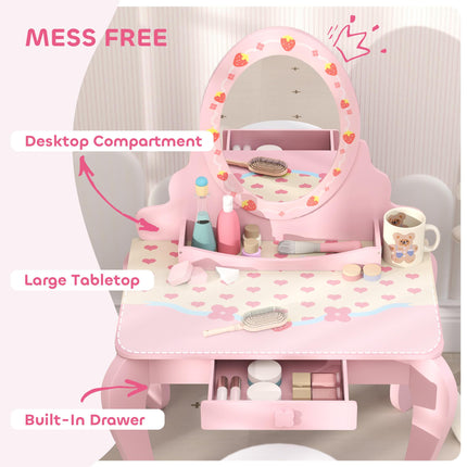 3 Piece Kids Dressing Table Set with Stool and Mirror - Pink Strawberry Theme
