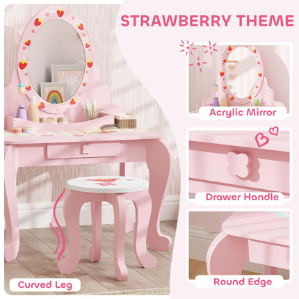 3 Piece Kids Dressing Table Set with Stool and Mirror - Pink Strawberry Theme