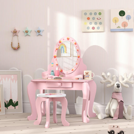 3 Piece Kids Dressing Table Set with Stool and Mirror - Pink Strawberry Theme