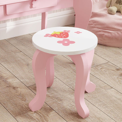 3 Piece Kids Dressing Table Set with Stool and Mirror - Pink Strawberry Theme