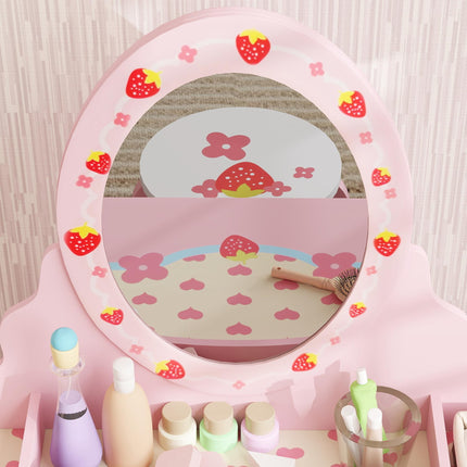 3 Piece Kids Dressing Table Set with Stool and Mirror - Pink Strawberry Theme