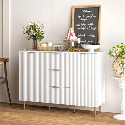 Modern Sideboard Buffet Cabinet with 3 Drawers & Adjustable Shelves, Metal Legs for Kitchen & Living Room - White