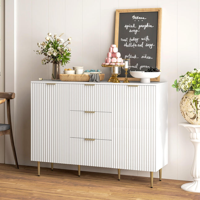 Modern Sideboard Buffet Cabinet with 3 Drawers & Adjustable Shelves, Metal Legs for Kitchen & Living Room - White