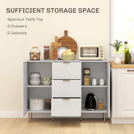Modern Sideboard Buffet Cabinet with 3 Drawers & Adjustable Shelves, Metal Legs for Kitchen & Living Room - White