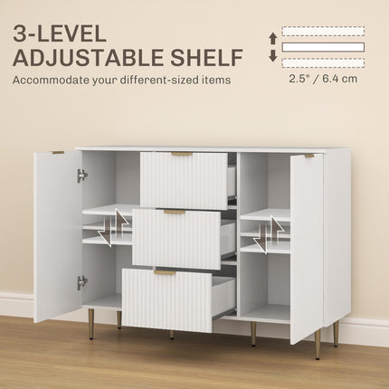 Modern Sideboard Buffet Cabinet with 3 Drawers & Adjustable Shelves, Metal Legs for Kitchen & Living Room - White