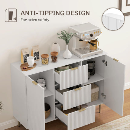 Modern Sideboard Buffet Cabinet with 3 Drawers & Adjustable Shelves, Metal Legs for Kitchen & Living Room - White