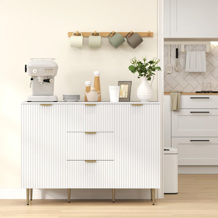 Modern Sideboard Buffet Cabinet with 3 Drawers & Adjustable Shelves, Metal Legs for Kitchen & Living Room - White