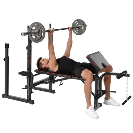 Weight Bench with Two Barbell Racks, Leg Curl Machine, Preacher Curl Bench, Blac