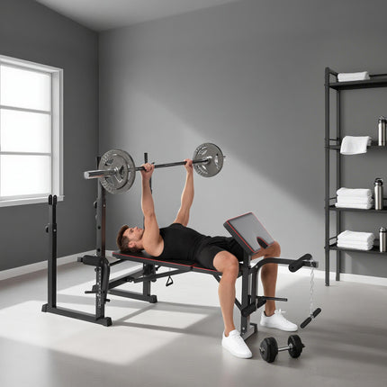 Weight Bench with Two Barbell Racks, Leg Curl Machine, Preacher Curl Bench, Blac