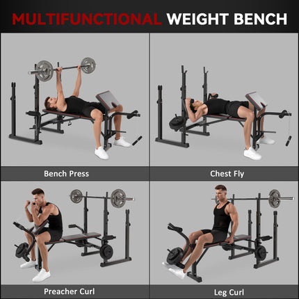 Weight Bench with Two Barbell Racks, Leg Curl Machine, Preacher Curl Bench, Blac