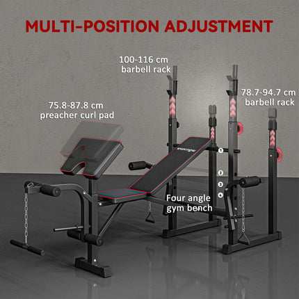 Weight Bench with Two Barbell Racks, Leg Curl Machine, Preacher Curl Bench, Blac