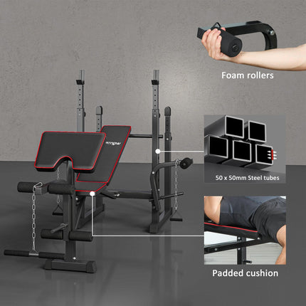 Weight Bench with Two Barbell Racks, Leg Curl Machine, Preacher Curl Bench, Blac