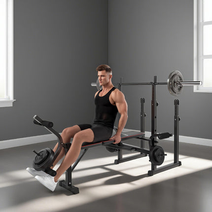 Weight Bench with Two Barbell Racks, Leg Curl Machine, Preacher Curl Bench, Blac