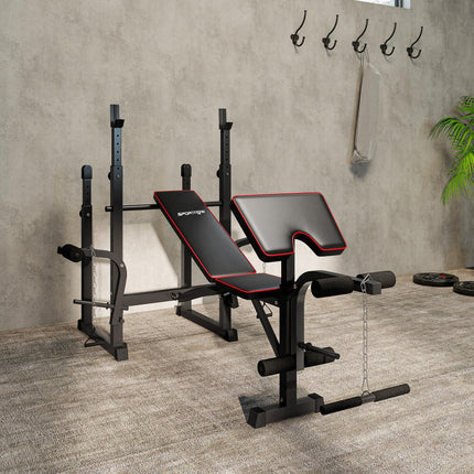 Weight Bench with Two Barbell Racks, Leg Curl Machine, Preacher Curl Bench, Blac