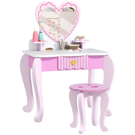 Kids Dressing Table Set, Vanity Table with Stool, Mirror, Drawer, Desktop Storag