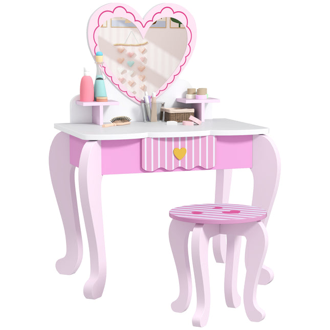 Kids Dressing Table Set, Vanity Table with Stool, Mirror, Drawer, Desktop Storag
