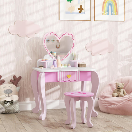 Kids Dressing Table Set, Vanity Table with Stool, Mirror, Drawer, Desktop Storag