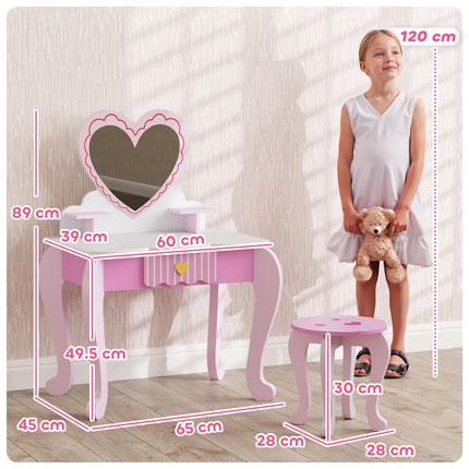 Kids Dressing Table Set, Vanity Table with Stool, Mirror, Drawer, Desktop Storag