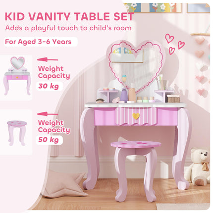 Kids Dressing Table Set, Vanity Table with Stool, Mirror, Drawer, Desktop Storag