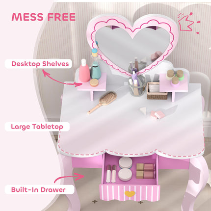 Kids Dressing Table Set, Vanity Table with Stool, Mirror, Drawer, Desktop Storag