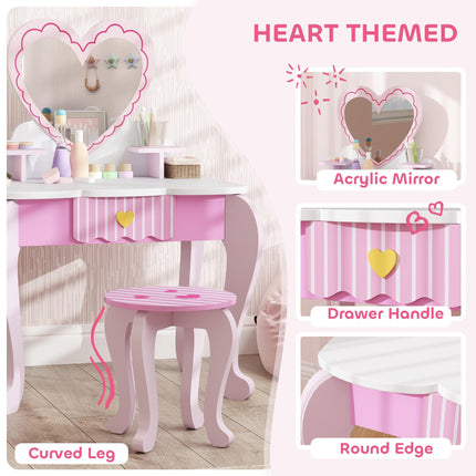 Kids Dressing Table Set, Vanity Table with Stool, Mirror, Drawer, Desktop Storag