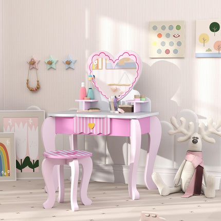 Kids Dressing Table Set, Vanity Table with Stool, Mirror, Drawer, Desktop Storag
