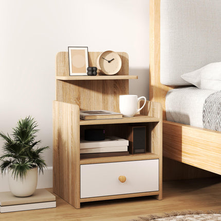 Multi-Storage Bedside Table with Drawer and Shelves - White/Wood-Effect