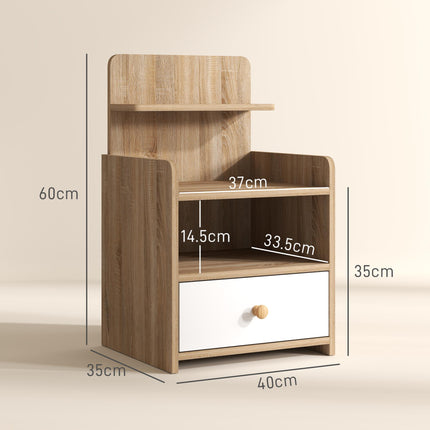 Multi-Storage Bedside Table with Drawer and Shelves - White/Wood-Effect