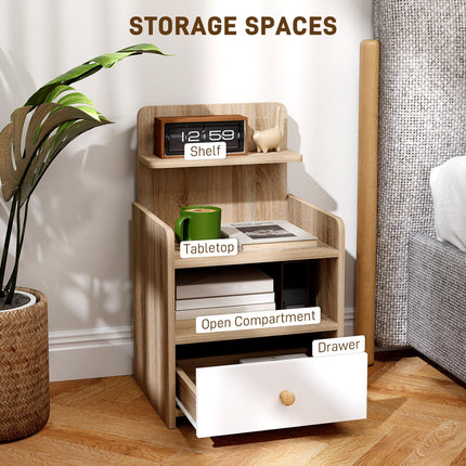 Multi-Storage Bedside Table with Drawer and Shelves - White/Wood-Effect