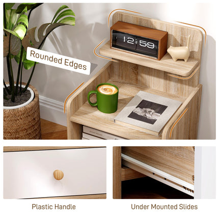 Multi-Storage Bedside Table with Drawer and Shelves - White/Wood-Effect