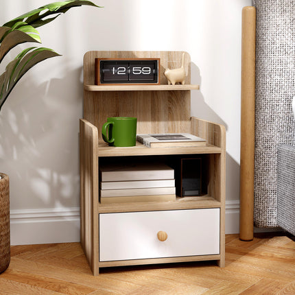 Multi-Storage Bedside Table with Drawer and Shelves - White/Wood-Effect