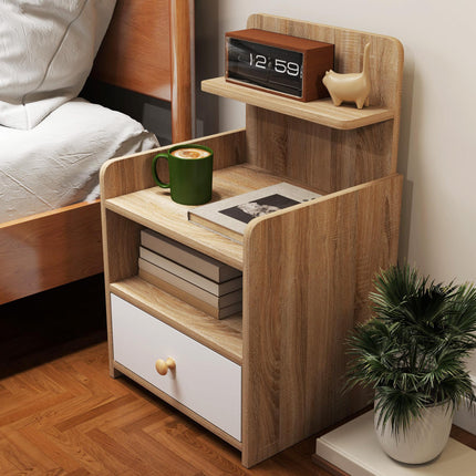 Multi-Storage Bedside Table with Drawer and Shelves - White/Wood-Effect