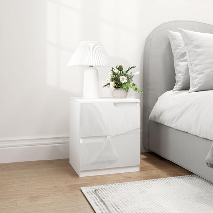 High Gloss Bedside Table with 2 Drawers - White