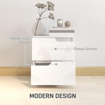High Gloss Bedside Table with 2 Drawers - White