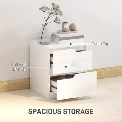 High Gloss Bedside Table with 2 Drawers - White