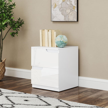 High Gloss Bedside Table with 2 Drawers - White
